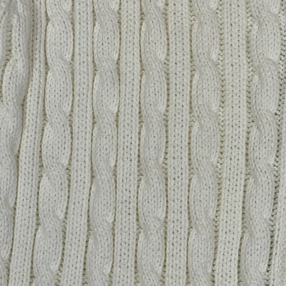 Cabin Creek White Cable Knit Cardigan Sweater Navy Blue Trim Large Cotton‎